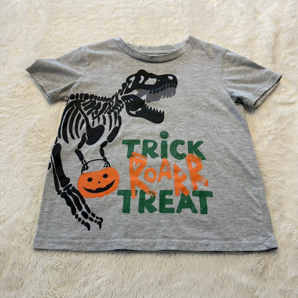 Unisex Trick Roar Treat Halloween Shirt Gray Kids Sz 4/5 Dinosaurs Halloween